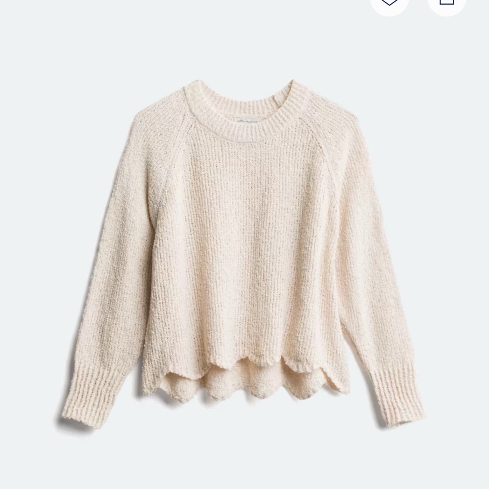 Cotton Emporium Cream Crew Neck Sweater with Fuzzy Texture and Scalloped Hem